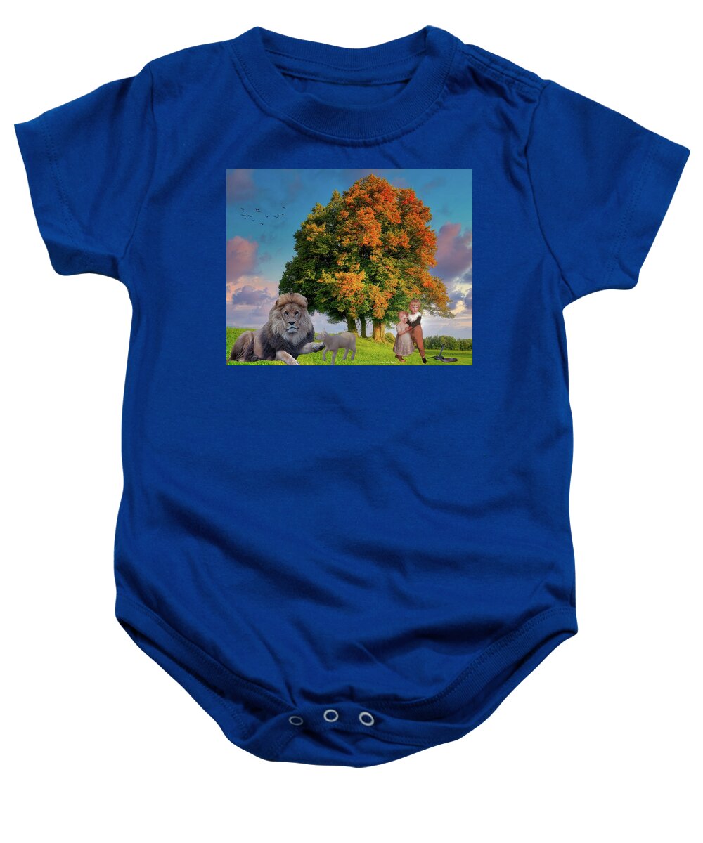 Jesus Baby Onesie featuring the digital art The Lion Shall Lie With the Lamb by Norman Brule