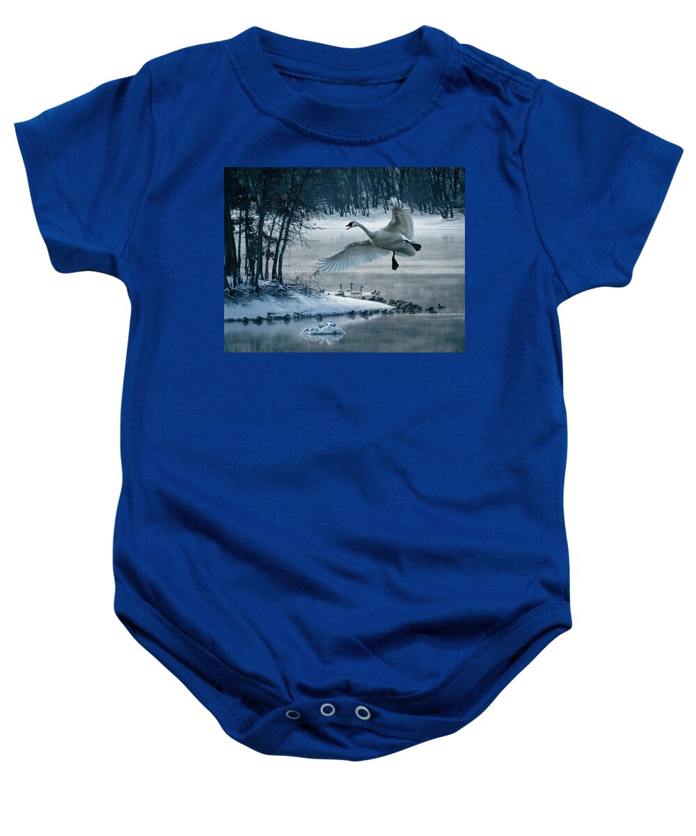 Swan Baby Onesie featuring the photograph Trumpeter Swan Fly By by Patti Deters