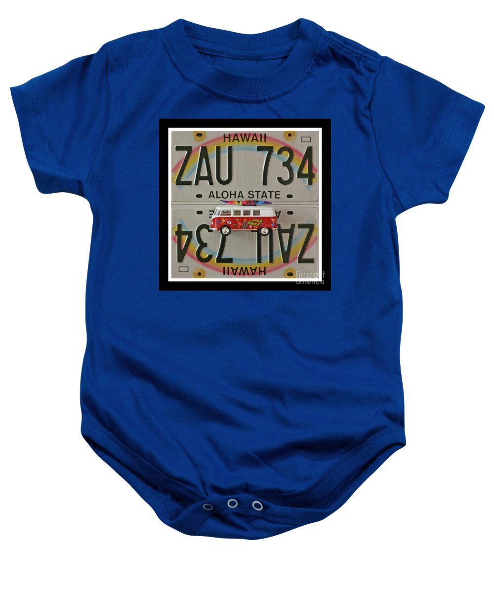 Hawaii License Plates Baby Onesie featuring the mixed media VW Bus and Hawaii Rainbow Print - Recycled Hawaii License Plates Art by Steven Shaver