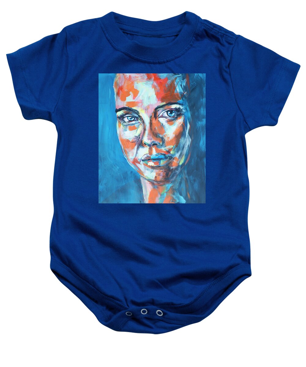 Woman Baby Onesie featuring the painting Woman on Blue by Mark Ross