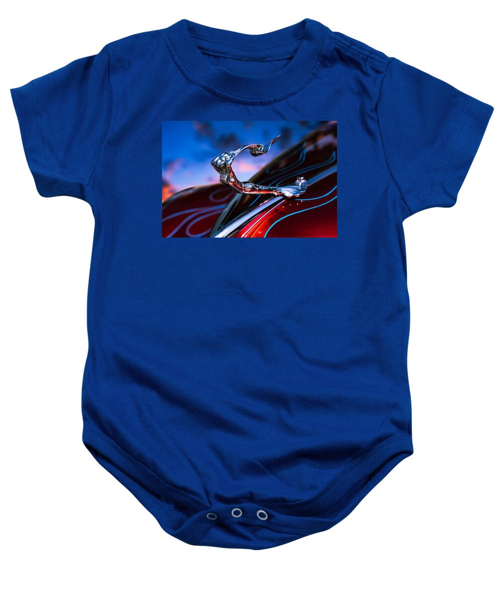 Hood Ornament Baby Onesie featuring the photograph Woman on Fire by Carrie Hannigan