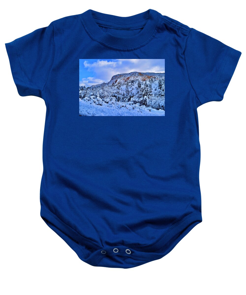Zion Baby Onesie featuring the photograph Beautiful Snowy East Zion Entrance, UT by Bnte Creations