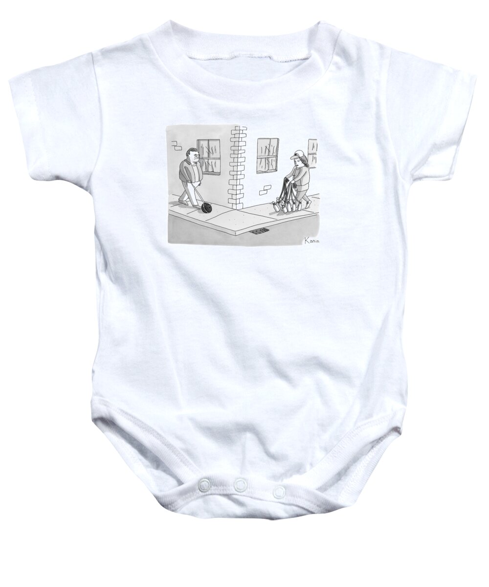 Street Scenes Baby Onesie featuring the drawing A Man With A Bowling Ball On A Leash And A Woman by Zachary Kanin