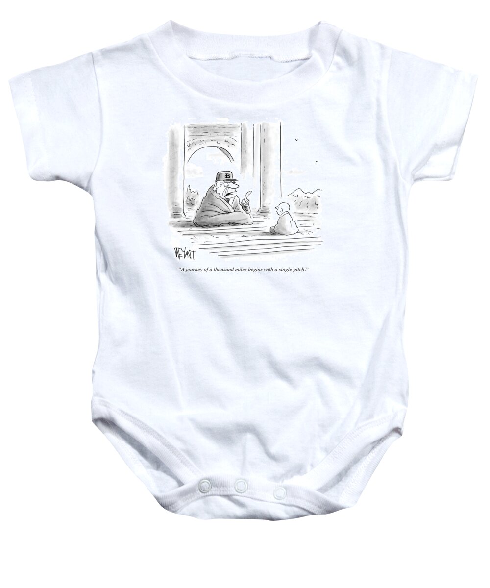 A Journey Of A Thousand Miles Begins With A Single Pitch.' Baby Onesie featuring the drawing A Journey Of A Thousand Miles Begins #1 by Christopher Weyant