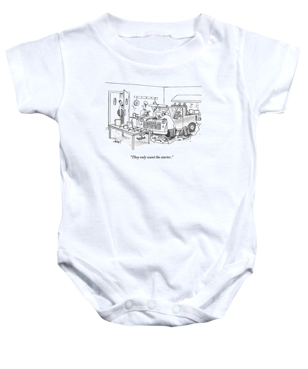 Chefs Baby Onesie featuring the drawing A Waiter Speaks To The Chefs In The Kitchen by Tom Cheney