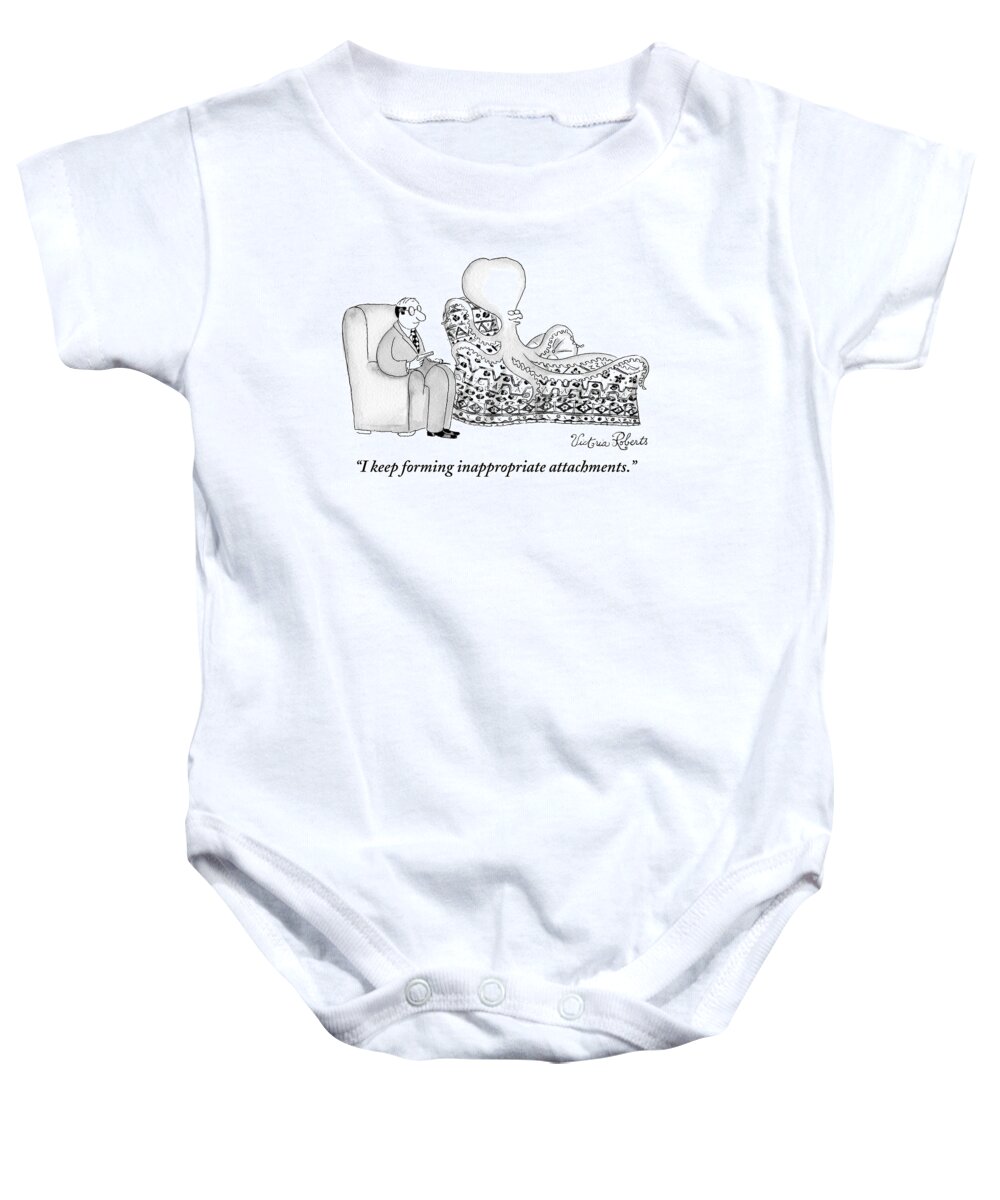Psychiatrists Baby Onesie featuring the drawing An Octopus Or Squid Lays On A Psychiatrist Or by Victoria Roberts