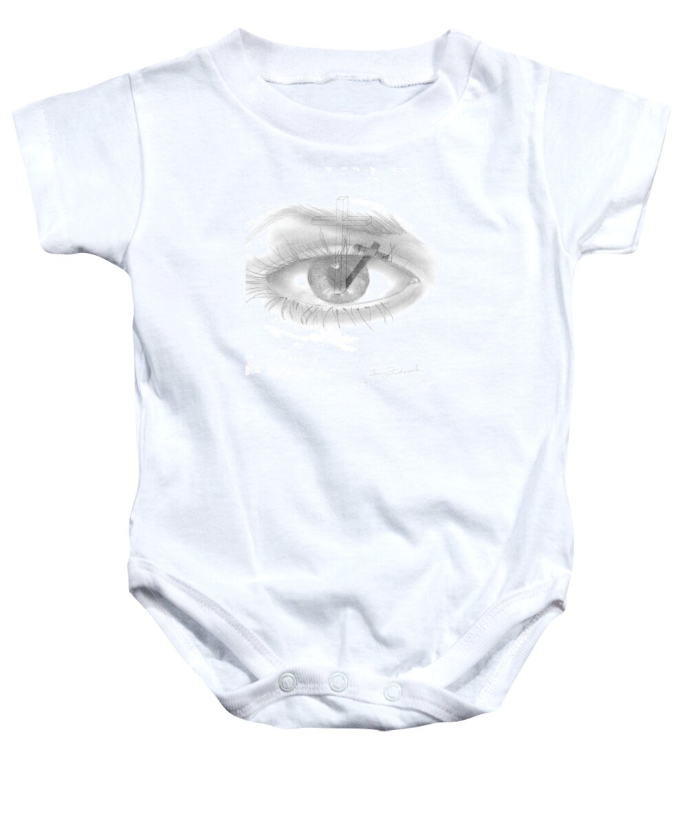 Eye Baby Onesie featuring the drawing Plank in Eye by Terry Frederick