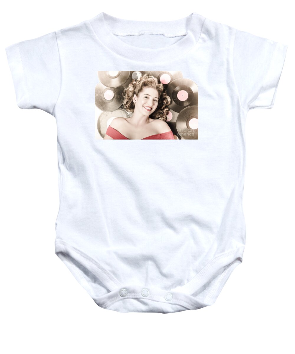 Pin-up Baby Onesie featuring the photograph Retro pin-up woman with rocking hairstyle #1 by Jorgo Photography