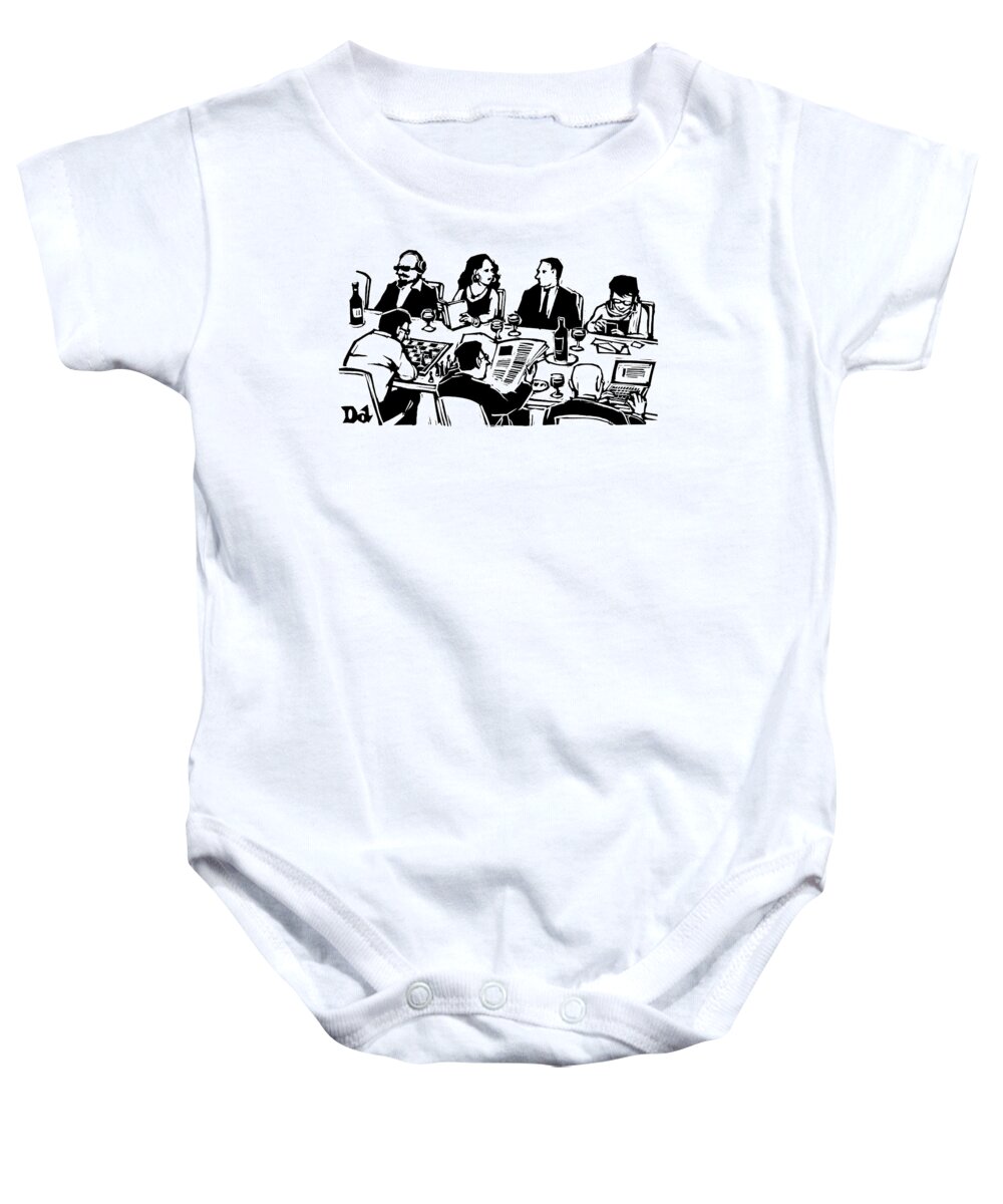 Parties Baby Onesie featuring the drawing Seven People Are Seen Sitting At A Table #1 by Drew Dernavich