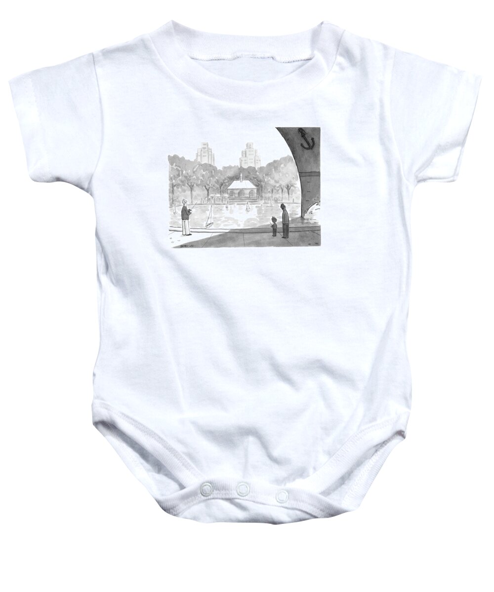 Regional New York City Problems
(bow Of Large Ship Casts A Shadow Over People Sailing Toy Sailboats In Central Park.)120846 Jpt Jason Patterson Baby Onesie featuring the drawing New Yorker April 25th, 2005 by Jason Patterson