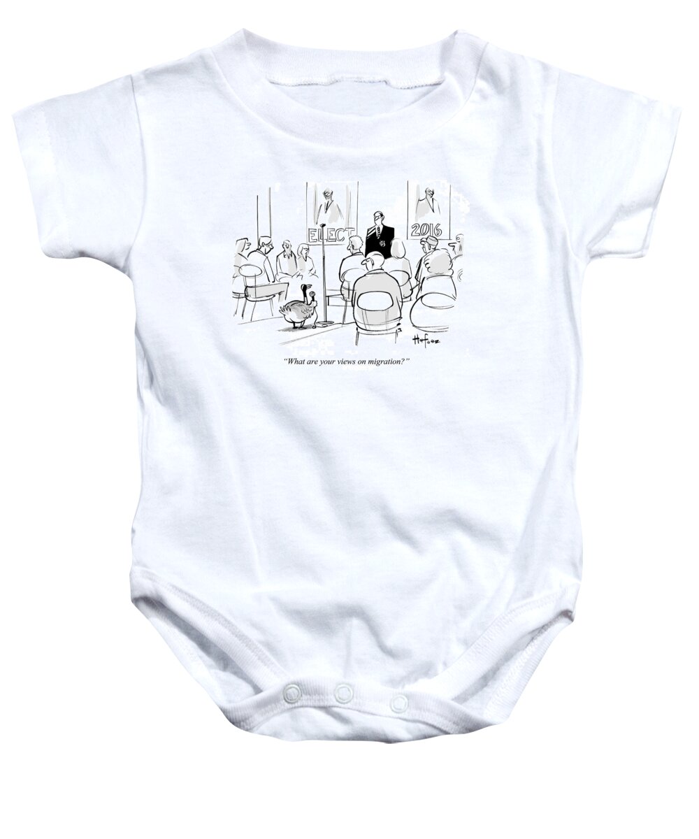What Are Your Views On Migration?' Baby Onesie featuring the drawing What Are Your Views On Migration by Kaamran Hafeez