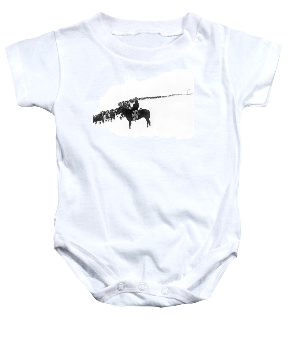 1920s Baby Onesie featuring the photograph Wintertime Cattle Drive by Underwood Archives Charles Belden