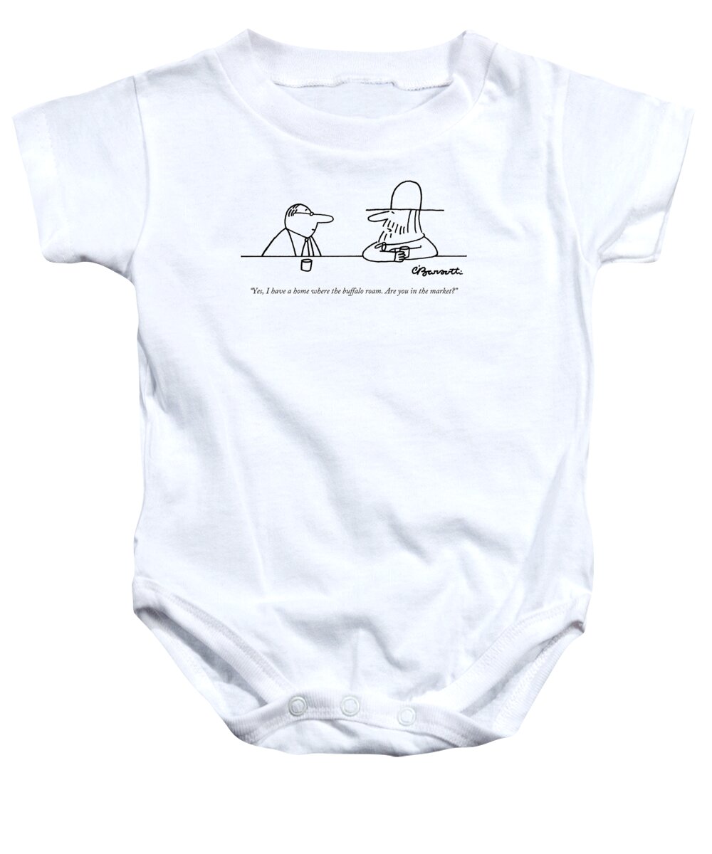 yes Baby Onesie featuring the drawing Yes, I Have A Home Where The Buffalo by Charles Barsotti