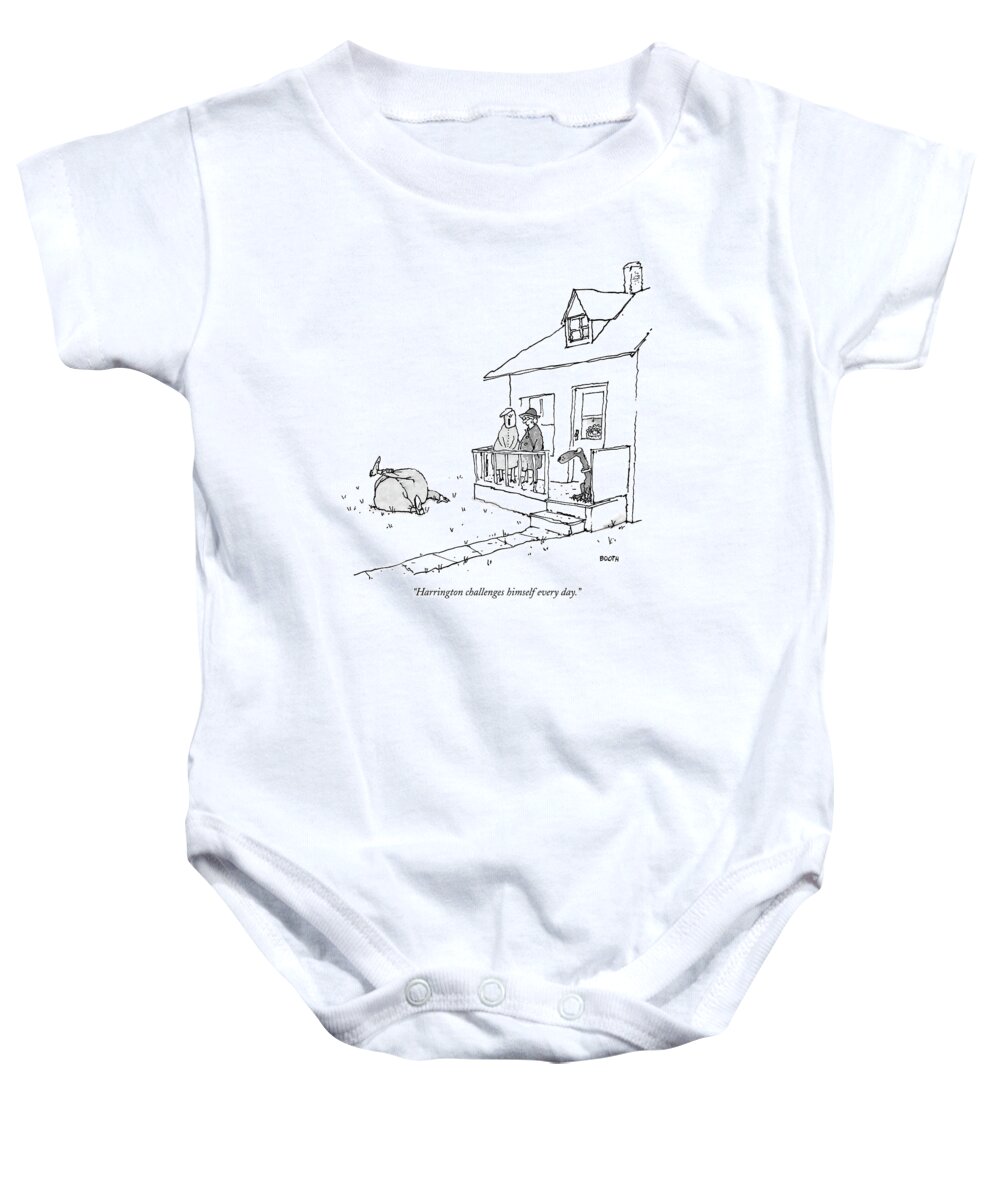 Fitness Word Play Relationships

(one Woman To Another About Man Exercising In Backyard.) 121912 Gbo George Booth Baby Onesie featuring the drawing Harrington Challenges Himself Every Day by George Booth