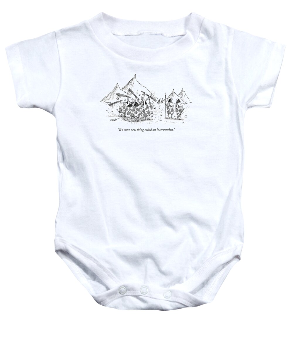 Caveman Baby Onesie featuring the drawing It's Some New Thing Called An Intervention by Tom Cheney