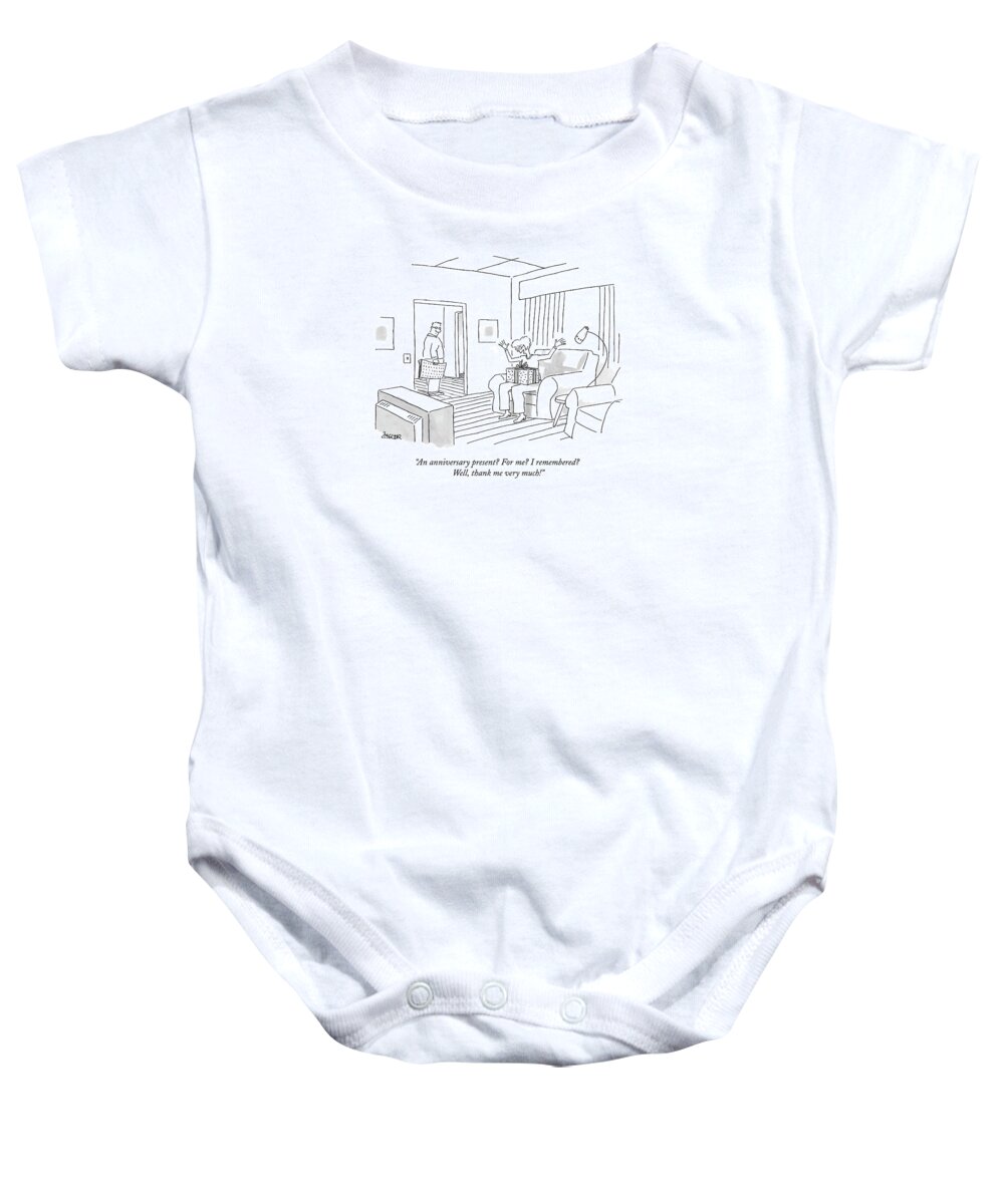 
(wife Gives Herself A Present As Husband Looks On From The Other Room.) 125049 Jzi Jack Ziegler Marriage Sarcasm Gifts Baby Onesie featuring the drawing An Anniversary Present? For Me? I Remembered? by Jack Ziegler