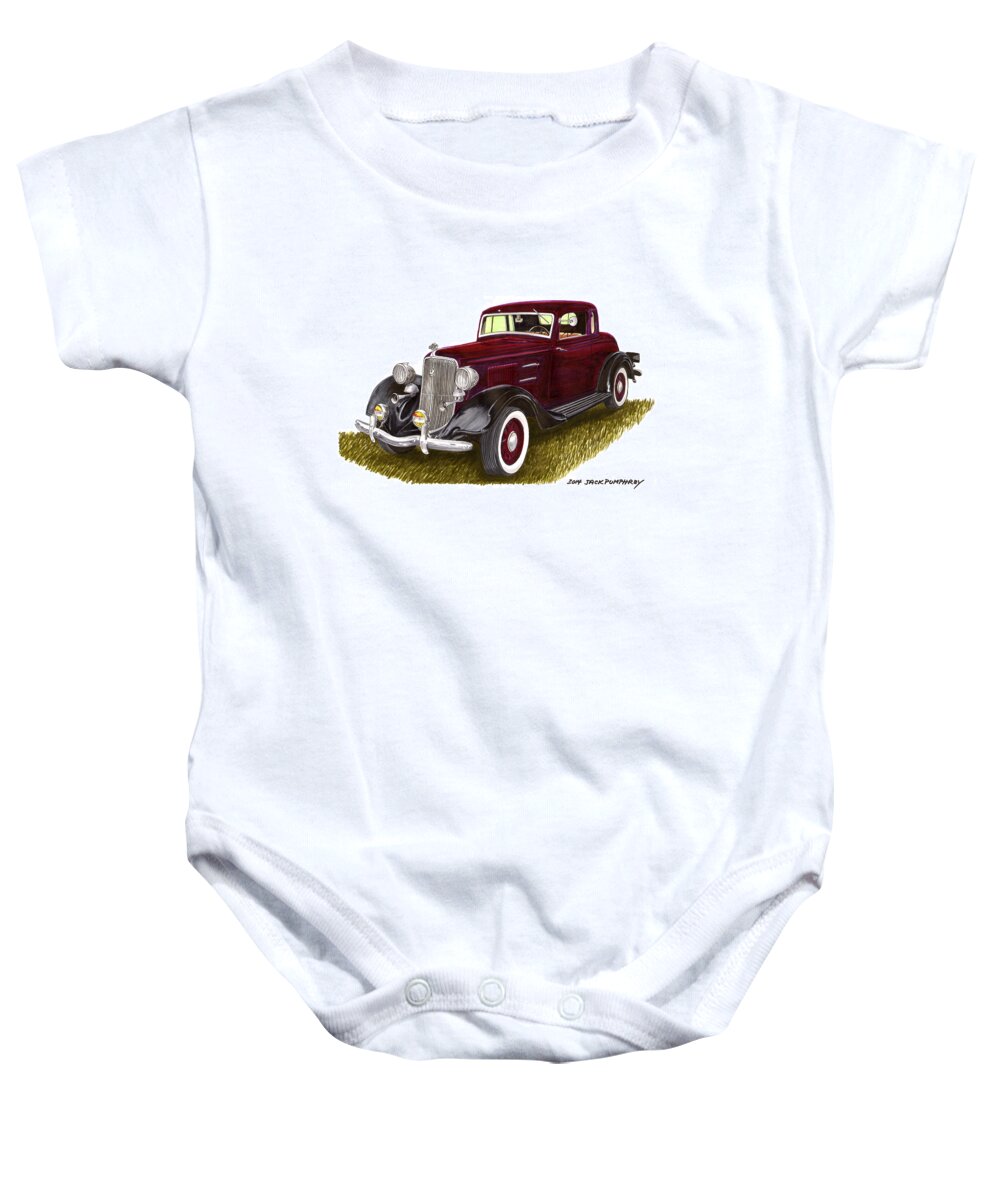 Watercolor Painting By Jack Pumphrey Of The 1934 Plymouth Pe Model Was Considered The Best Engineered Car In Its Class Baby Onesie featuring the painting 1934 Plymouth P E Coupe by Jack Pumphrey