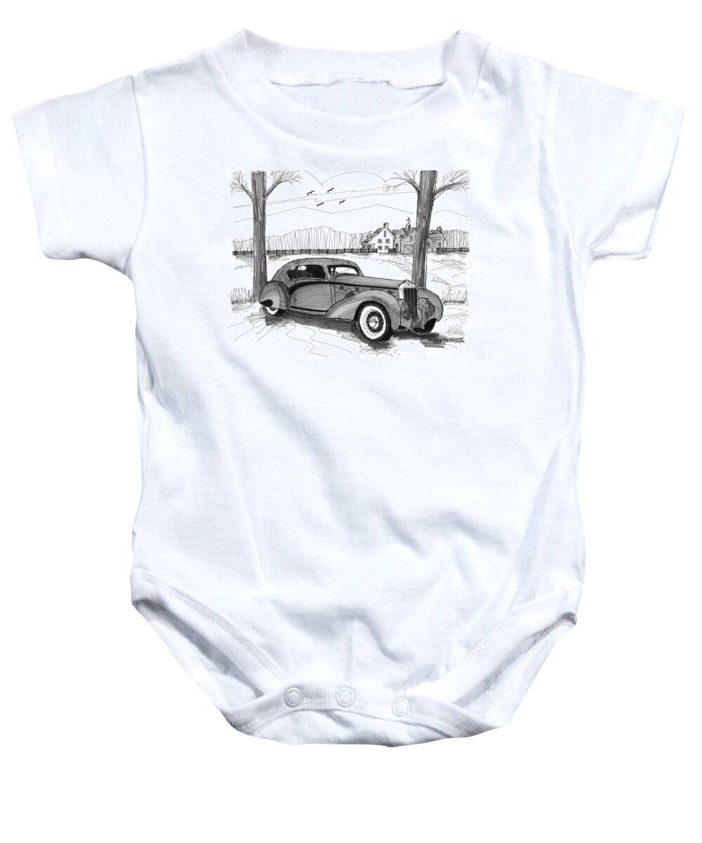 1937 Delage D8 120 Baby Onesie featuring the drawing 1937 Delage D8 120 by Richard Wambach