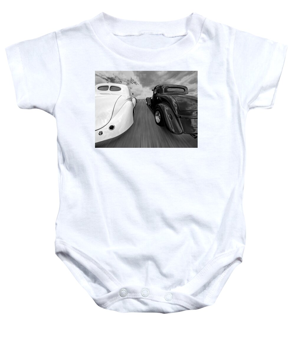 Hotrod Baby Onesie featuring the photograph 1941 Willys vs 1934 Ford Coupe in Black and White by Gill Billington