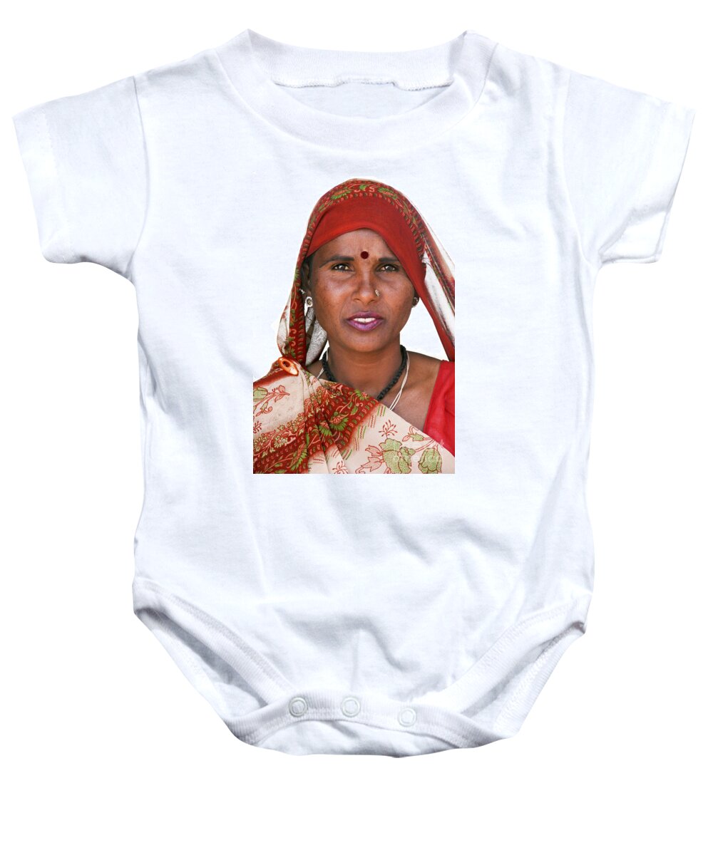 India Baby Onesie featuring the photograph Beautiful Rajastan Indian Woman in Red Sari and Flowered Scarf by Jo Ann Tomaselli