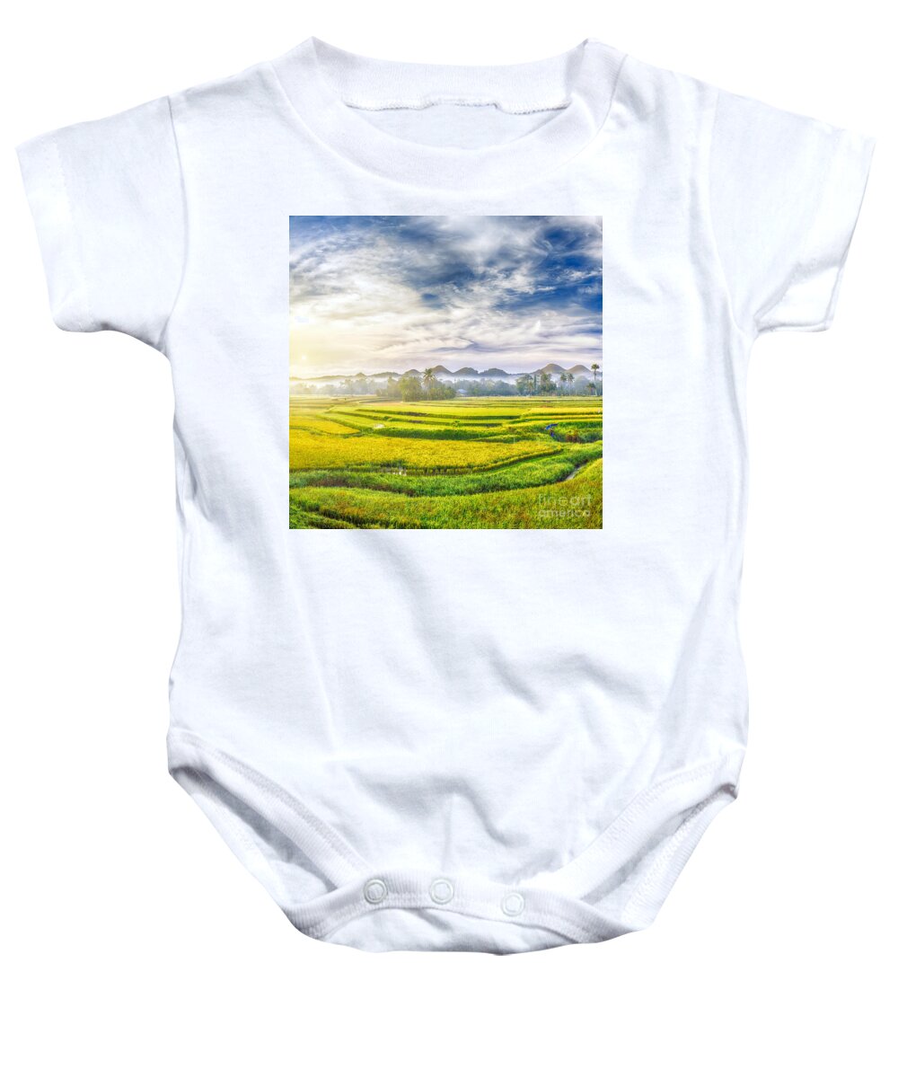 Paddy Baby Onesie featuring the photograph Paddy rice panorama #2 by MotHaiBaPhoto Prints