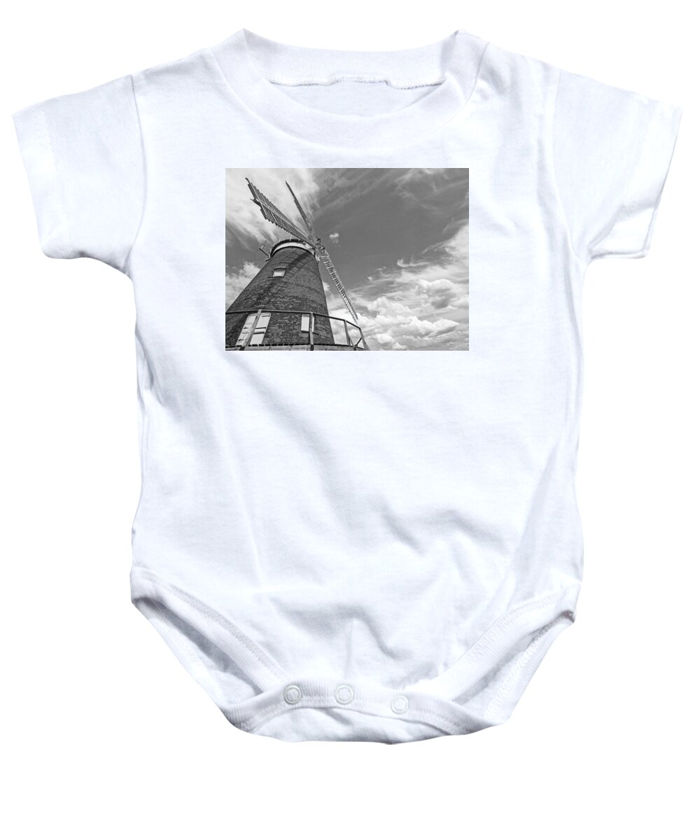 Windmill Baby Onesie featuring the photograph Windmill In The Sky in Black and White by Gill Billington