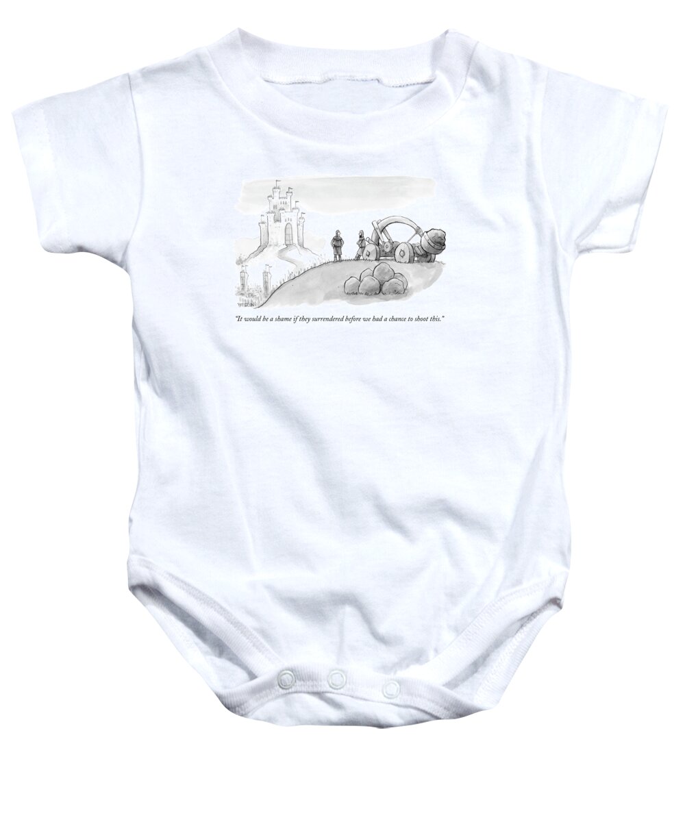 Weapons War Olden Days Inventions
 
(medieval Soldiers At A Giant Catapult Ready To Fire At A Castle.) 120826 Jpt Jason Patterson Baby Onesie featuring the drawing It Would Be A Shame If They Surrendered by Jason Patterson