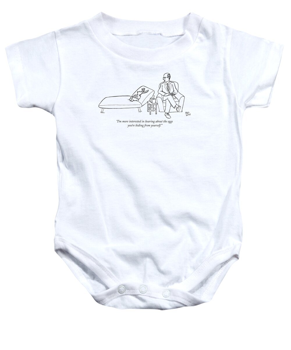 Easter Bunny Baby Onesie featuring the drawing I'm More Interested In Hearing About The Eggs by Paul Noth