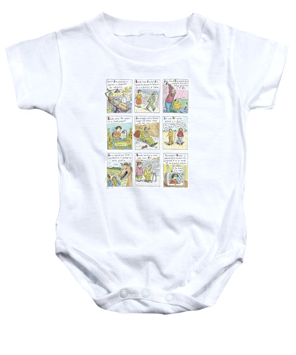 120157 Rch Roz Chast 
(short Story Plot Points.) Baby Onesie featuring the drawing Better Than Chekhov #3 by Roz Chast