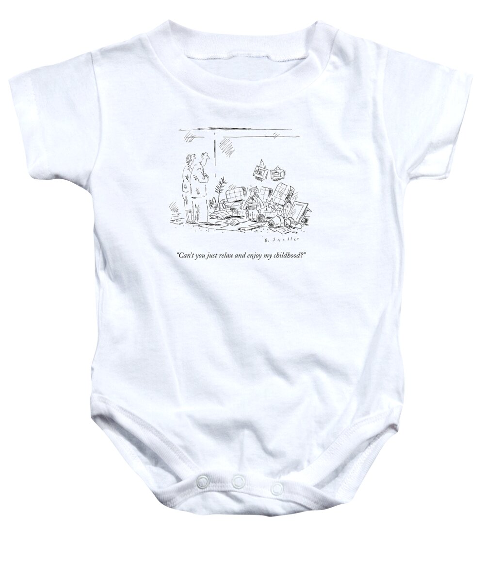 Family Baby Onesie featuring the drawing Can't You Just Relax And Enjoy My Childhood? by Barbara Smaller