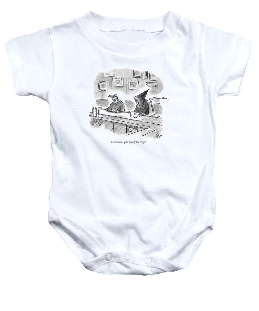 Death Word Play Problems Drinking Alcohol

(grim Reaper Talking To A Man In A Bar.) 120291 Fco Frank Cotham Baby Onesie featuring the drawing Sometimes I Give Myself The Creeps by Frank Cotham