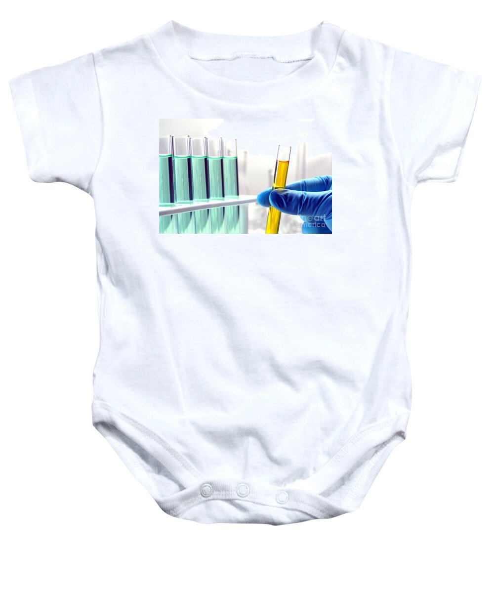 Test Baby Onesie featuring the photograph Laboratory Test Tubes in Science Research Lab #43 by Science Research Lab