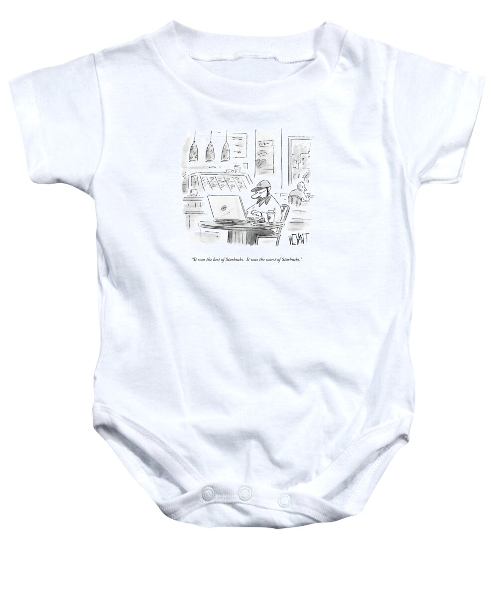 Starbucks Baby Onesie featuring the drawing It Was The Best Of Starbucks. It Was The Worst by Christopher Weyant