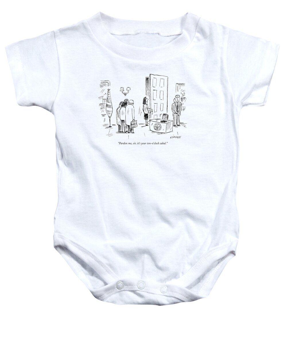 Word Play Politics Dick Cheney Donald Rumsfeld

(secretary Talking To President About Arriving Appointment.) 121531 Dsi David Sipress Baby Onesie featuring the drawing Pardon Me, Sir, It's Your Ten-o'clock Cabal by David Sipress