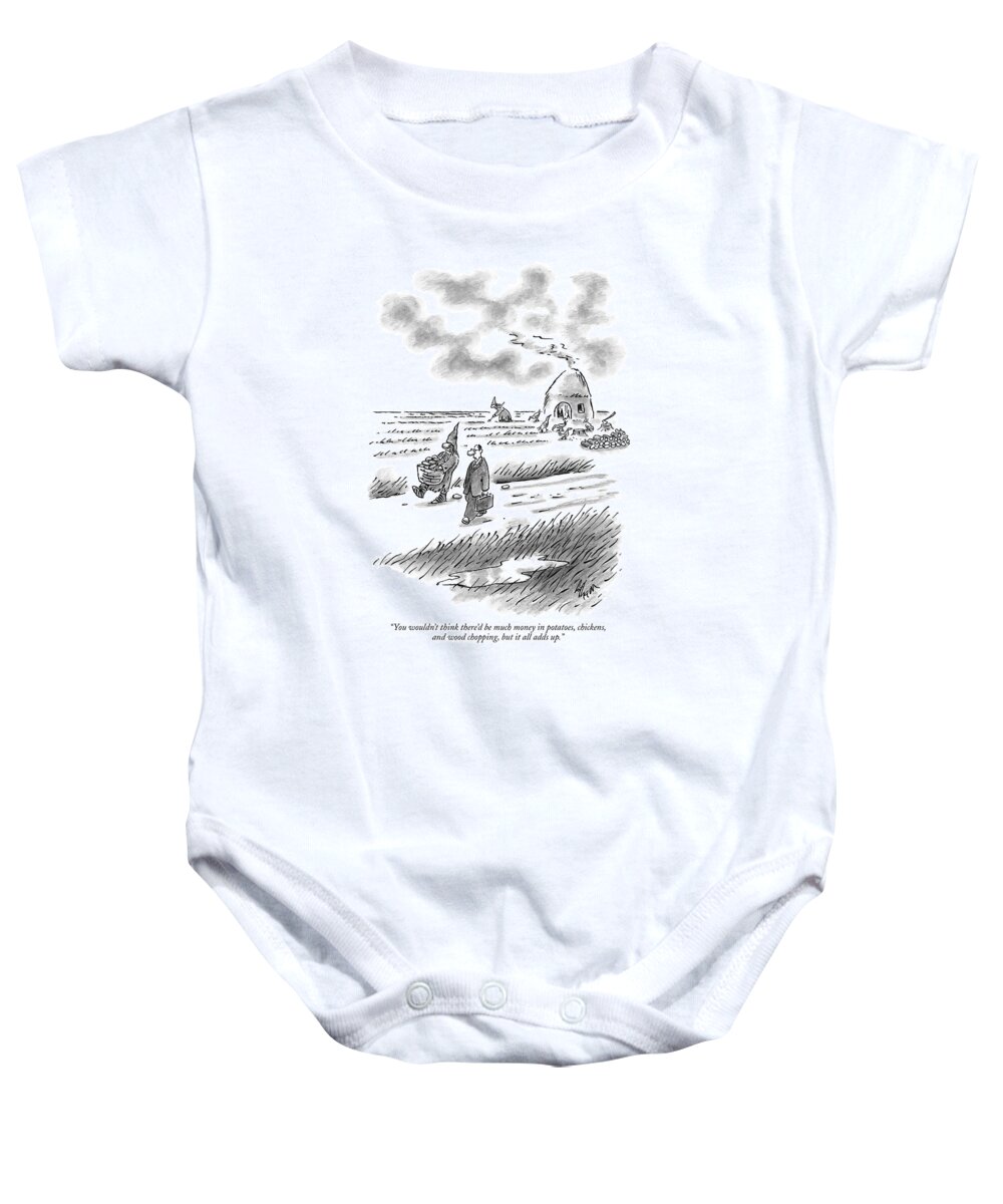 Workers Rural Farmers Chores Money Rich Poor

(peasant Carrying Basket Of Potatoes Talking To His Accountant.) 120683 Fco Frank Cotham Baby Onesie featuring the drawing You Wouldn't Think There'd Be Much Money by Frank Cotham