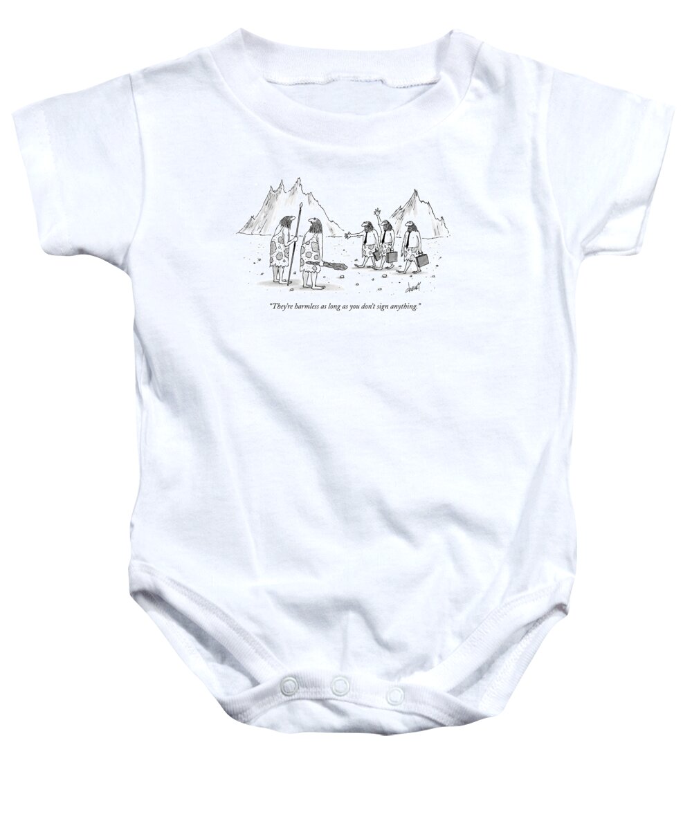 

(two Cavemen Discussing Caveman Lawyers) 121261 Tch Tom Cheney Baby Onesie featuring the drawing They're Harmless As Long As You Don't Sign by Tom Cheney
