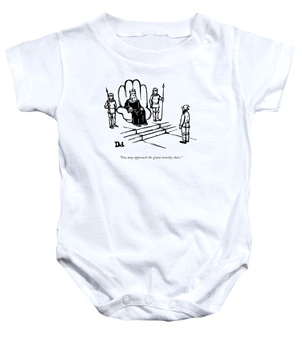 Hand Baby Onesie featuring the drawing You May Approach The Giant Novelty Chair by Drew Dernavich