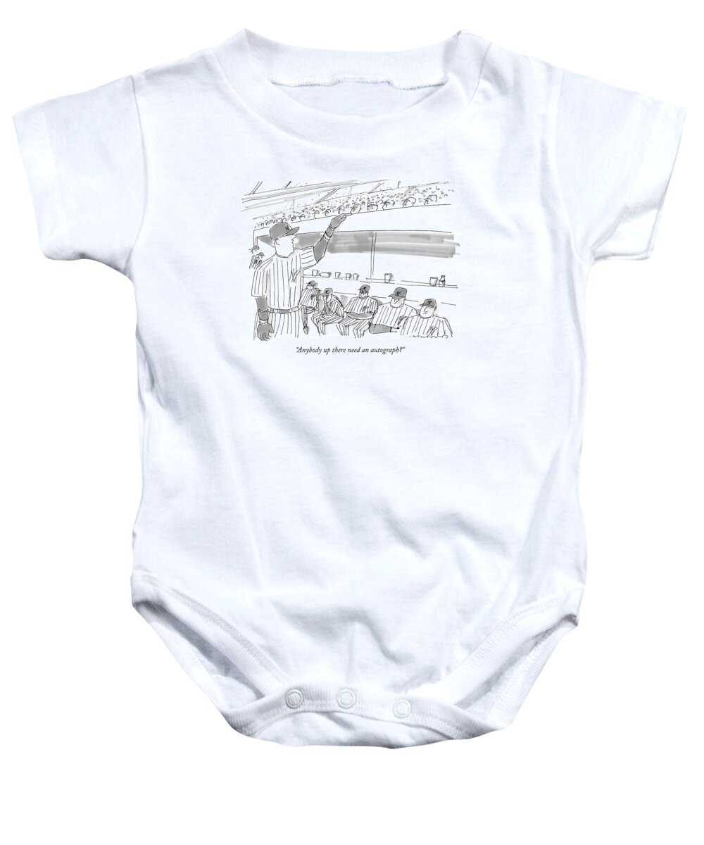 Sports Entertainment Majors Major League Celebrities

(baseball Player Shouts Into The Stands) 121063 Mcr Michael Crawford Baby Onesie featuring the drawing Anybody Up There Need An Autograph? by Michael Crawford
