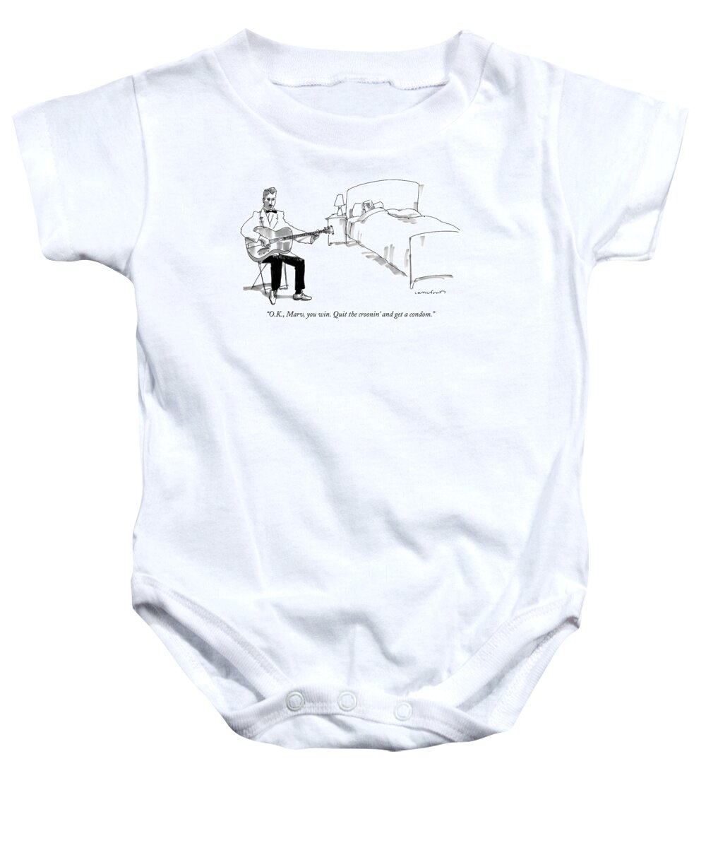 Music Relationships Sex Couple

(man Dressed Like Django Reinhardt Playing A Guitar At His Wife's Bedside.) 122149 Mcr Michael Crawford Baby Onesie featuring the drawing O.k., Marv, You Win. Quit The Croonin' And Get by Michael Crawford