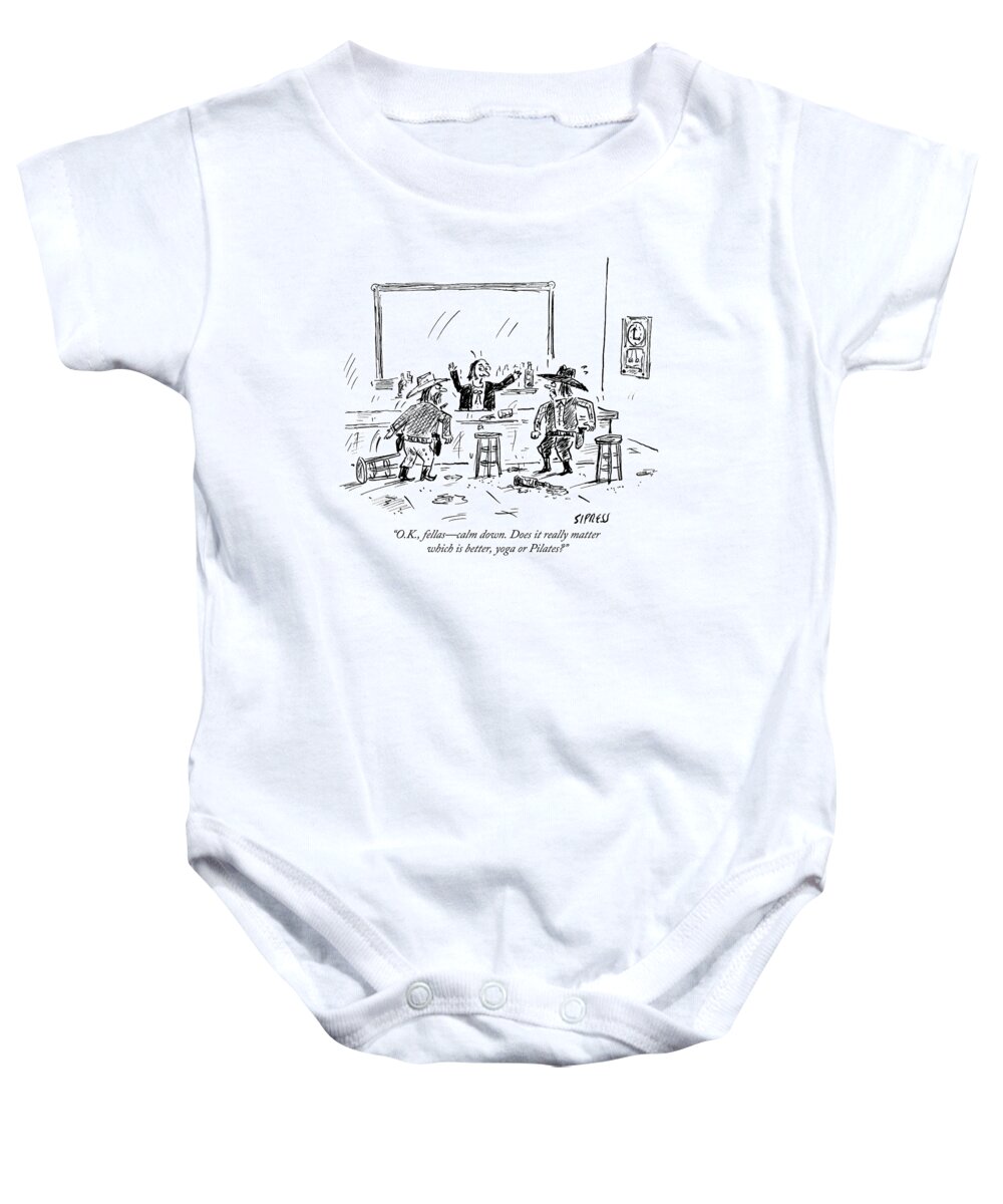 Cowboys Baby Onesie featuring the drawing A Bartender In A Saloon Looks Alarmed As Two by David Sipress