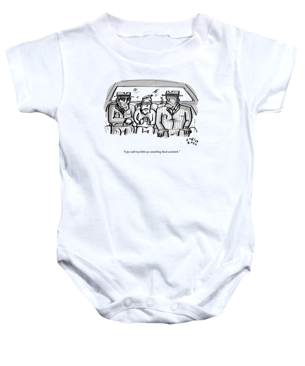 Mafia Baby Onesie featuring the drawing A Blindfolded Man In The Backseat Of A Car by Farley Katz