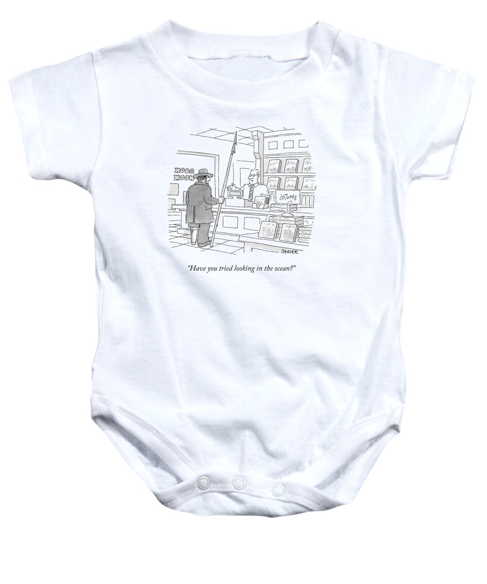 Moby Dick Baby Onesie featuring the drawing A Bookstore Clerk Speaks To Captain Ahab by Jack Ziegler