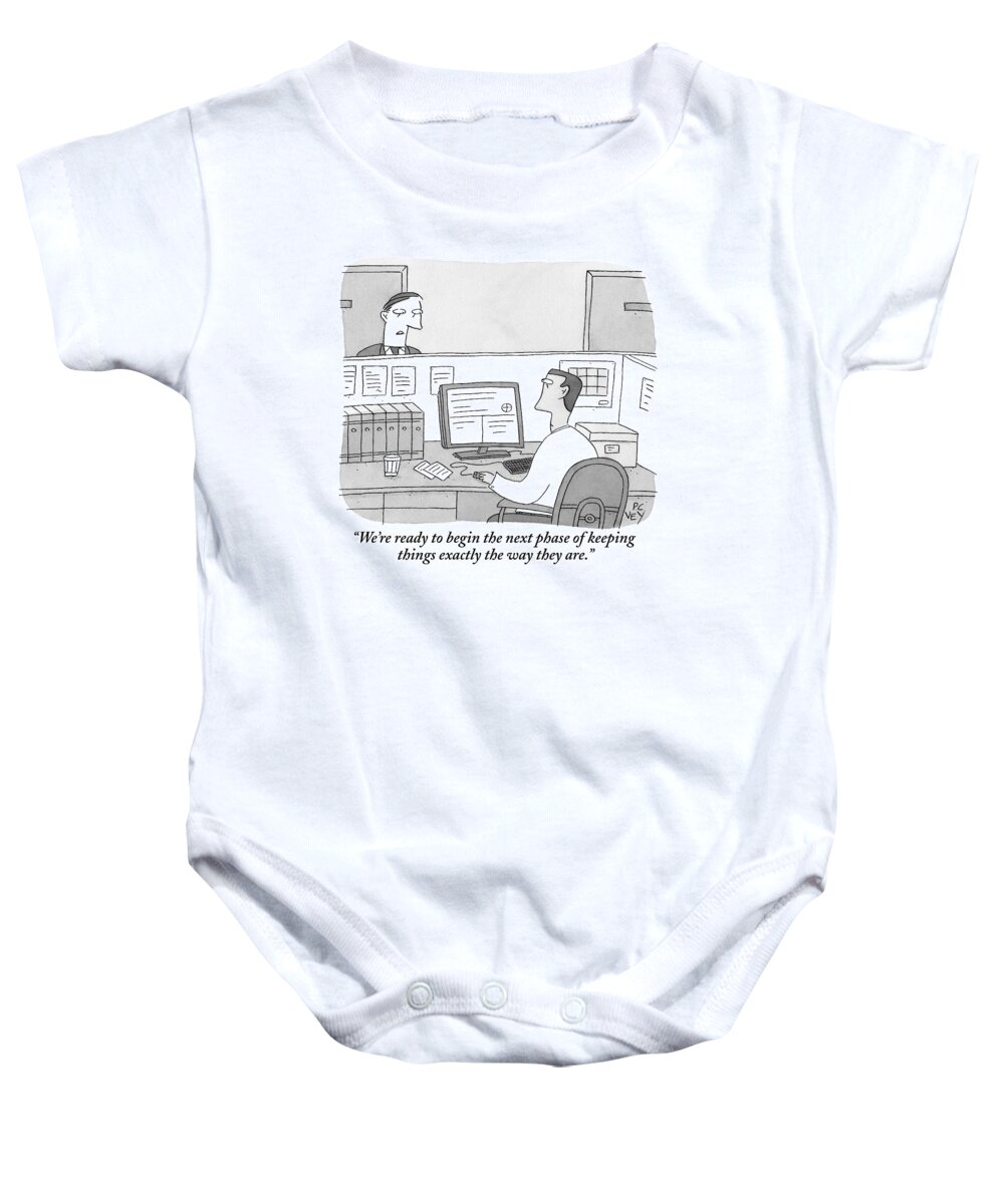 Office Workers Baby Onesie featuring the drawing A Boss Speaks To His Employee Who Is Working by Peter C. Vey