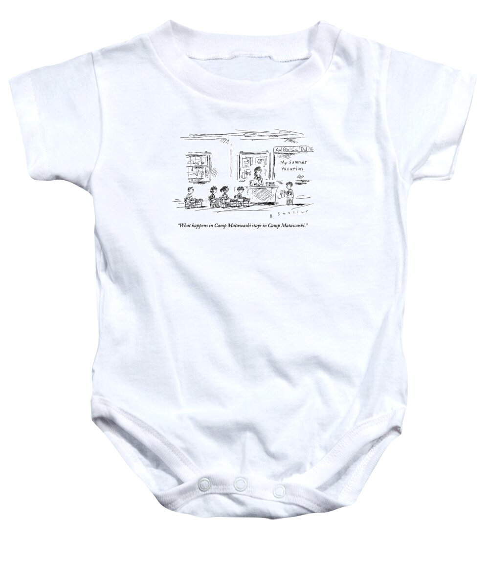 School Baby Onesie featuring the drawing A Boy Reads A Report On His Summer Vacation by Barbara Smaller