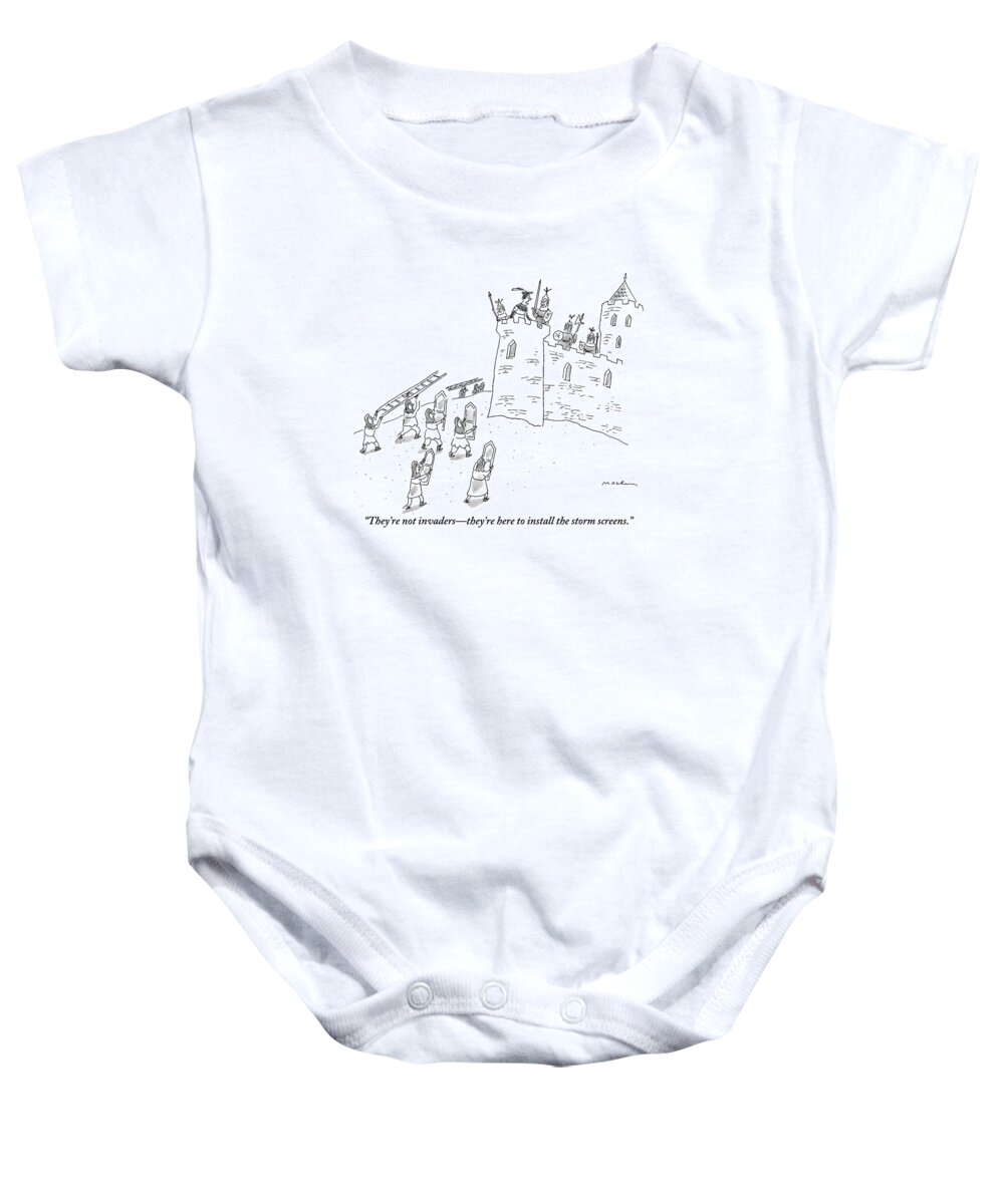 Windows Baby Onesie featuring the drawing A Bunch Of Commoners File Toward A Castle by Michael Maslin