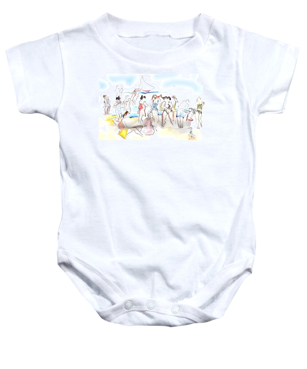 Beach Baby Onesie featuring the painting A Busy Day at the Beach by Carolyn Weltman