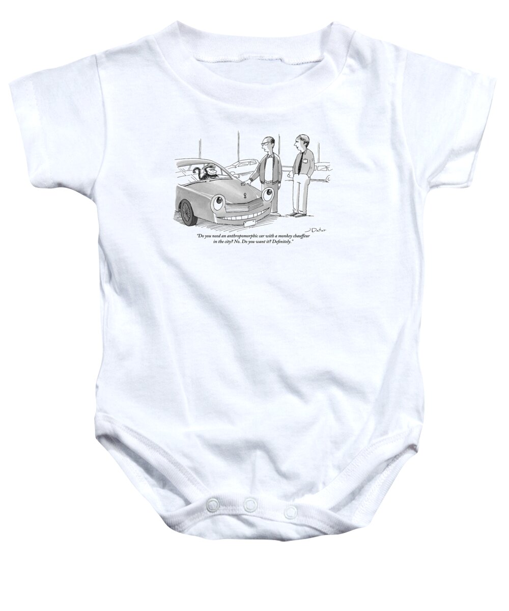 Automobiles Baby Onesie featuring the drawing A Car Salesman Gives A Pitch To A Prospective by Joe Dator