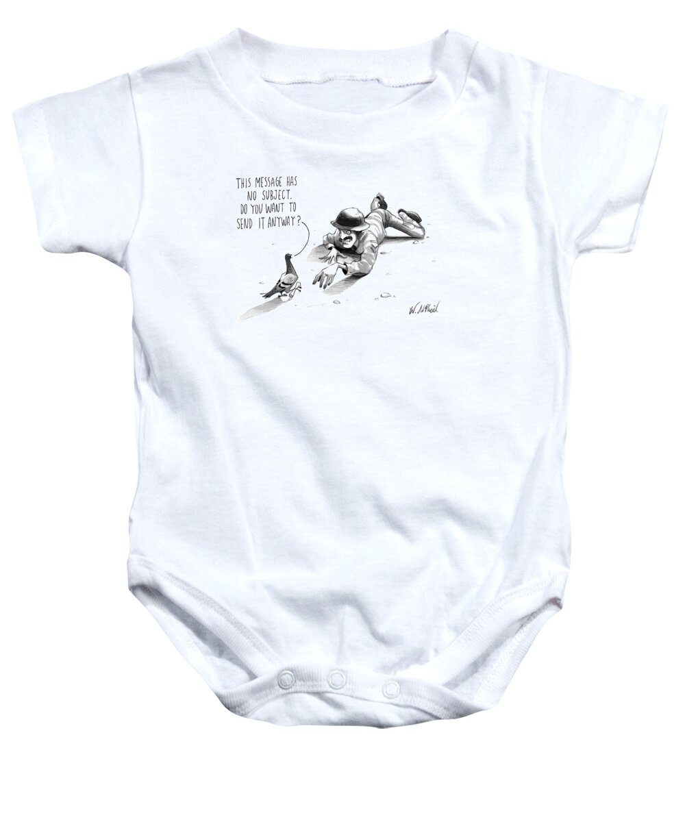 Captionless Carrier Pigeon Baby Onesie featuring the drawing A Carrier Pigeon Holds A Rolled Up Message by Will McPhail