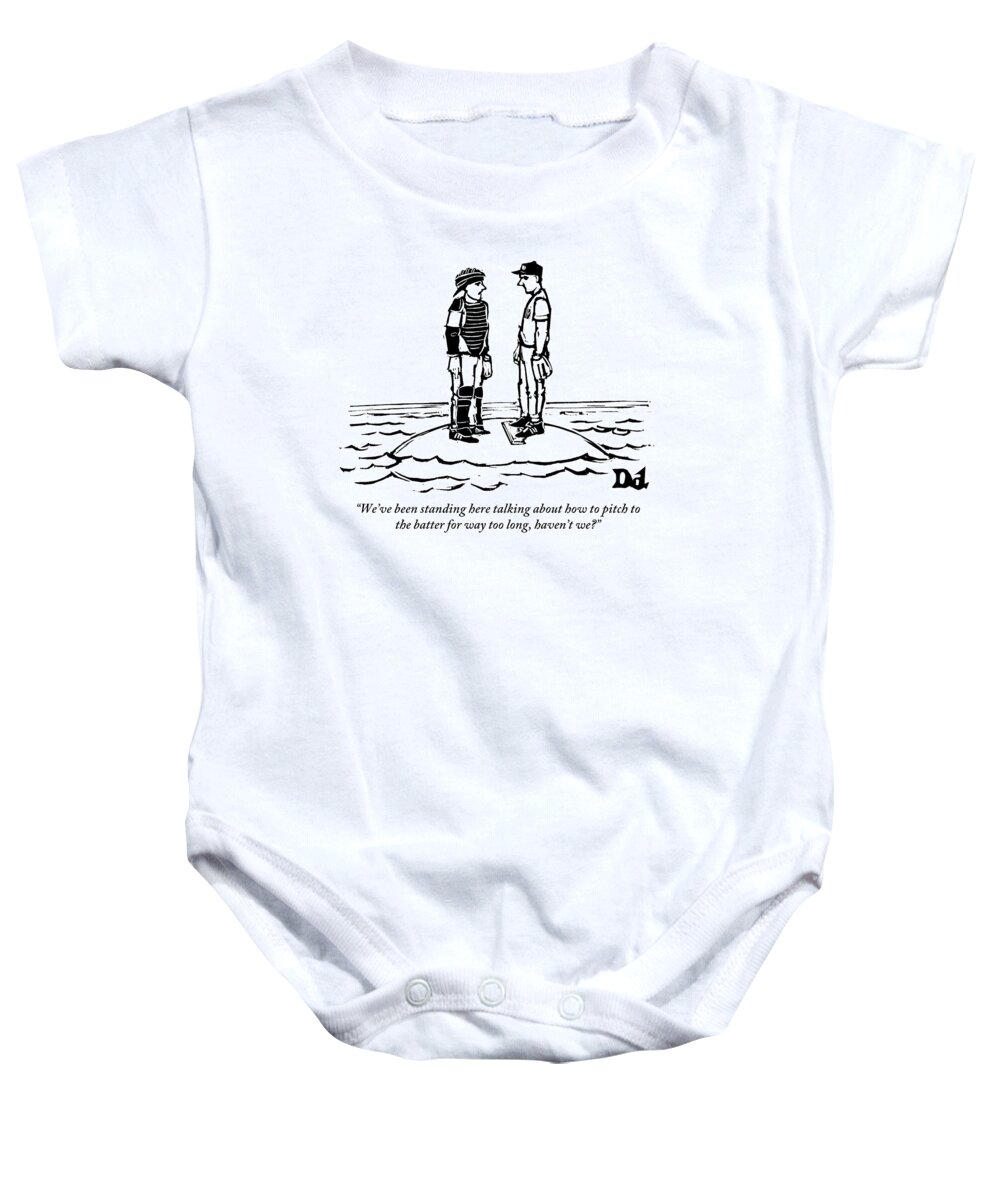 Baseball Baby Onesie featuring the drawing A Catcher And Pitcher Hold A Conference by Drew Dernavich