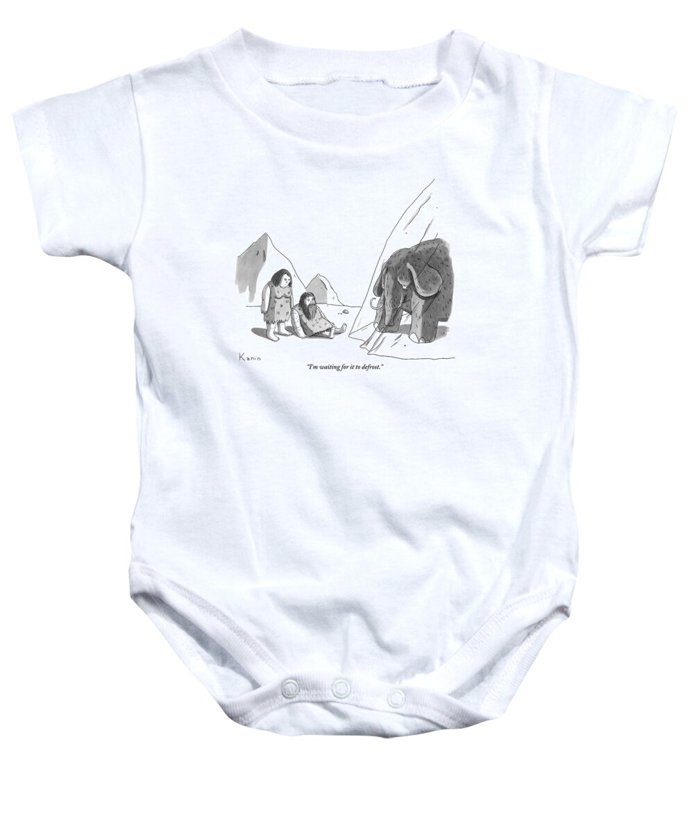 Cavemen Baby Onesie featuring the drawing A Caveman And A Cavewoman Wait For An Iced Wooly by Zachary Kanin
